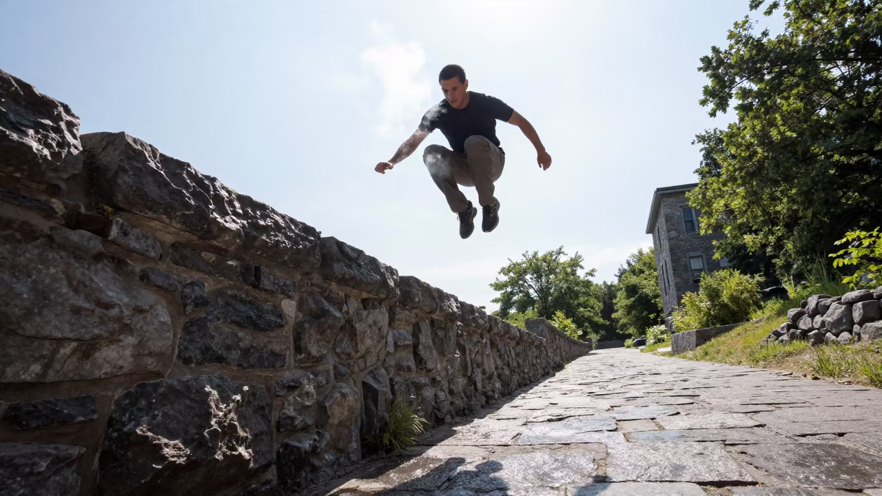 Parkour Athlete Vaulting Concrete Wall Montreal in on a mountain path near Old Montreal, Montreal