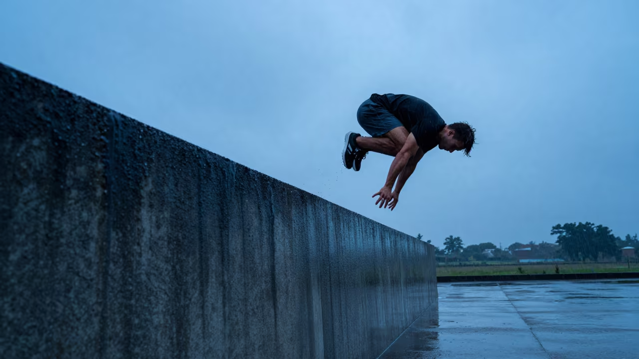 Parkour Athlete Vaulting Wall Twilight in near open fields near Santa Teresa del Tuy