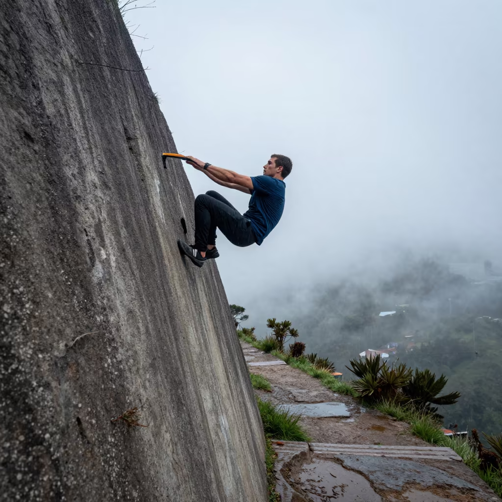 Parkour athlete wall running concrete pillar in on a mountain path near La Candelaria, Bogota