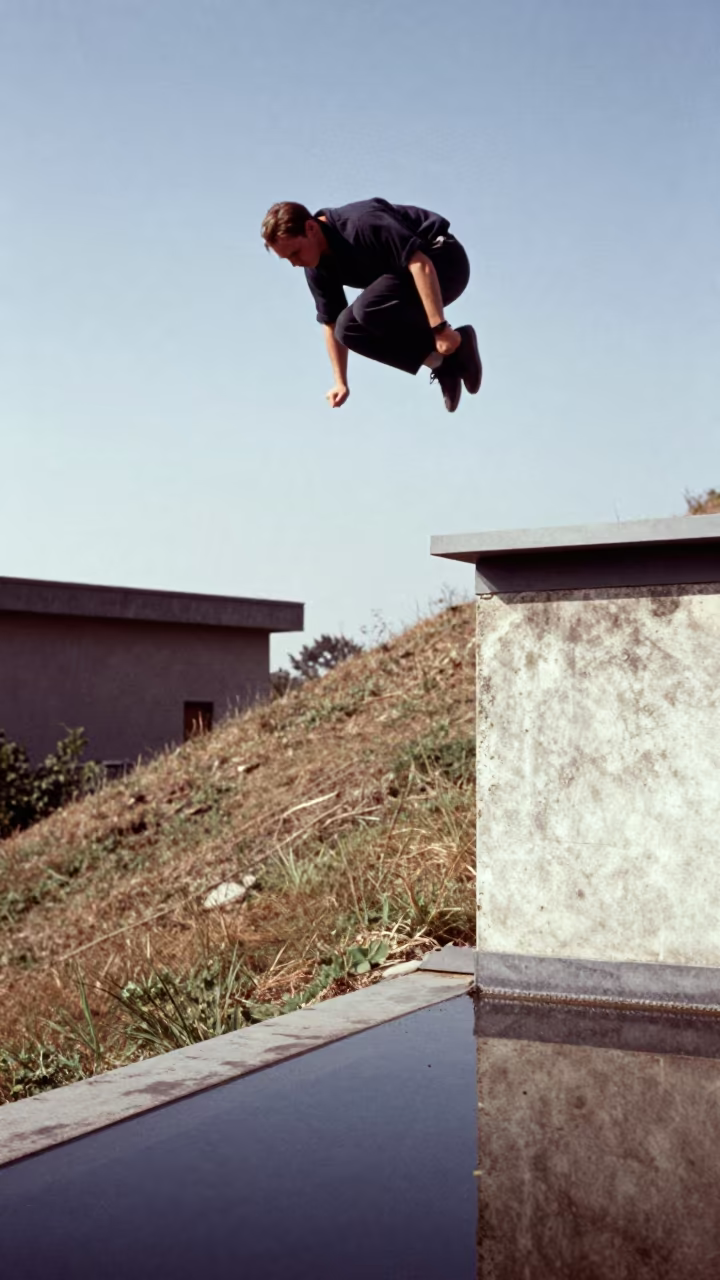Parkour Jump Rooftop Ledge Noon Light in on a hillside near Plzeň