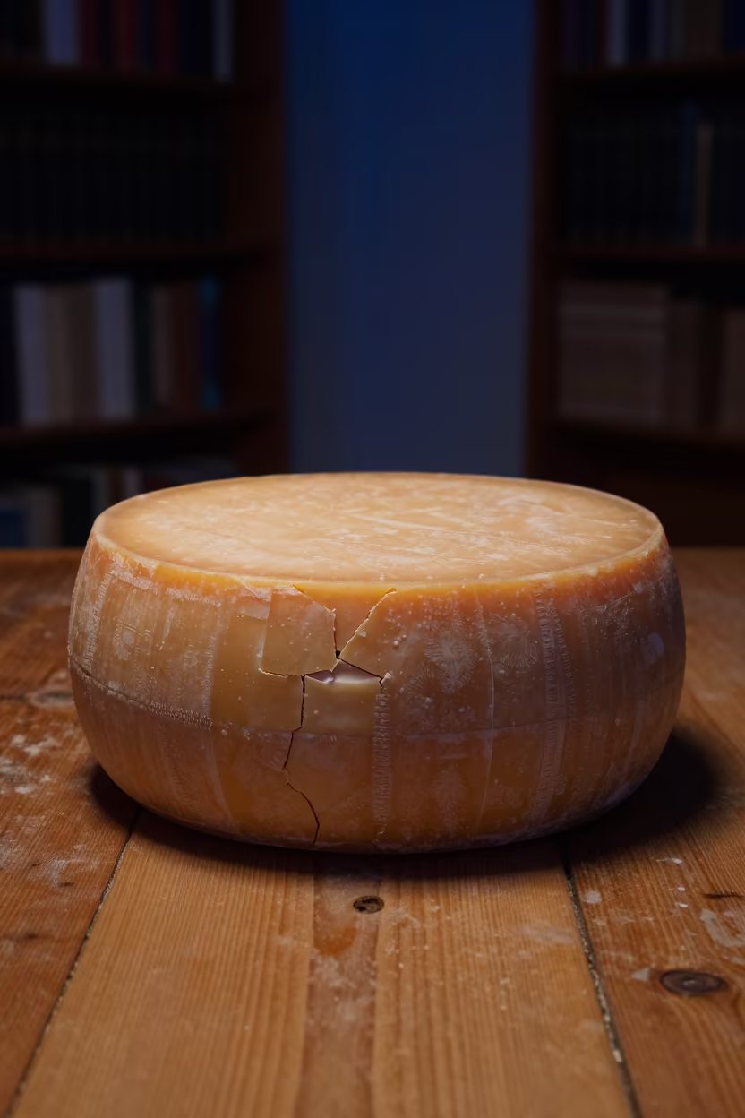 Parmesan Wheel Cracked in Suzhou Library Twilight in on a dusty library table near Suzhou