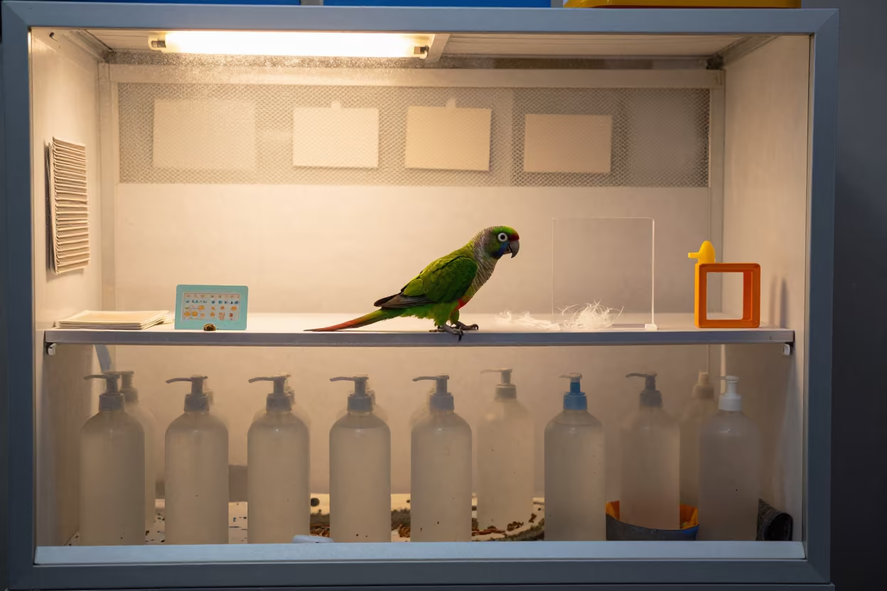 Parrot on Dog Wash Shelf Guilin Sunset in at a self-serve dog wash station near Guilin