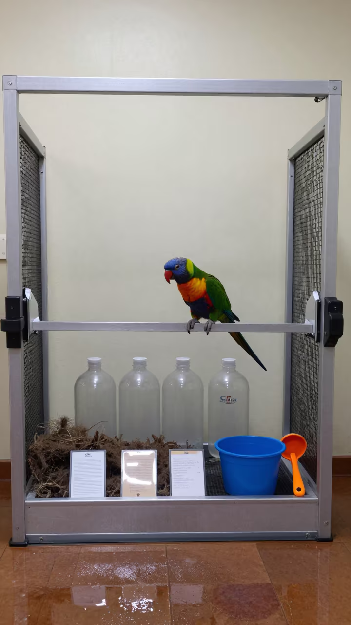 Parrot on Mist Bottle Shelf at Bogota Dog Wash in at a self-serve dog wash station near Bogota