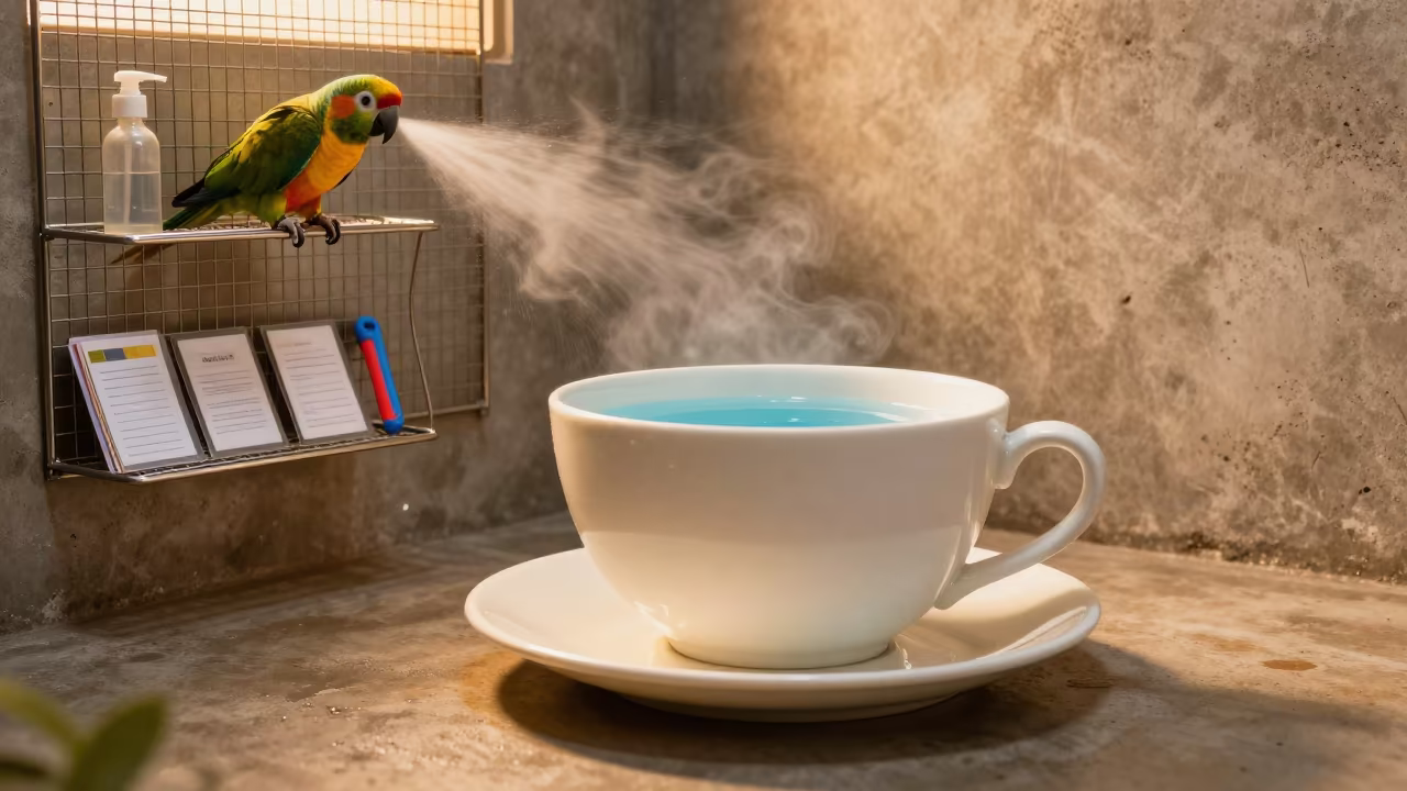 Parrot on Shelf with Giant Teacup in Kennel in in a boarding kennel corridor near Brasilia