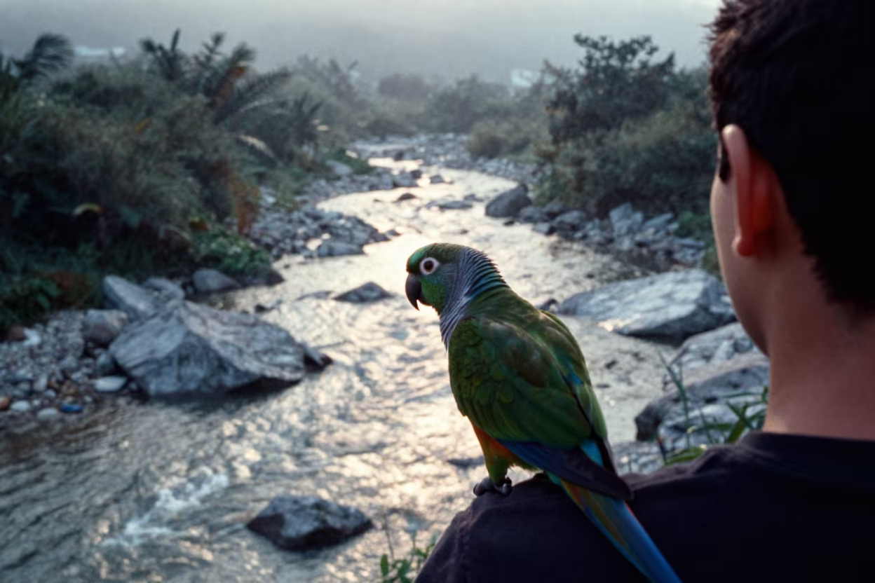 Parrot on Shoulder Above Glacial Stream in above a glacial stream near Ho Chi Minh City