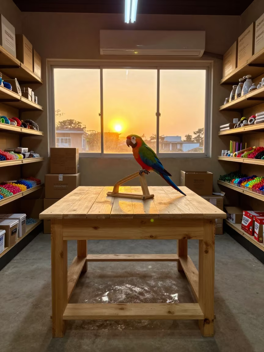 Parrot Toy Bench in Golden Junagadh Store Light in inside a pet store aisle in Junagadh