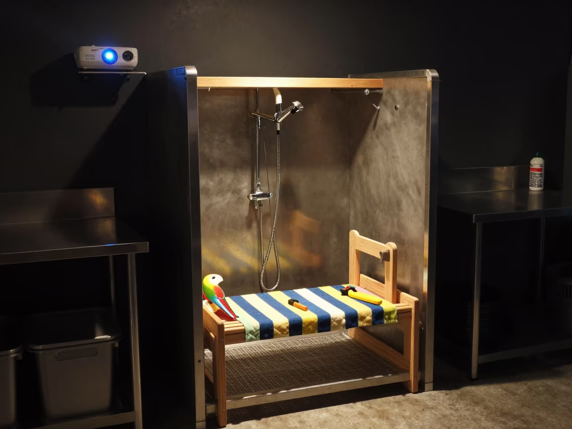 Parrot Toy Bench Under Projector Light in Changchun Wash Station in at a self-serve dog wash station in Changchun