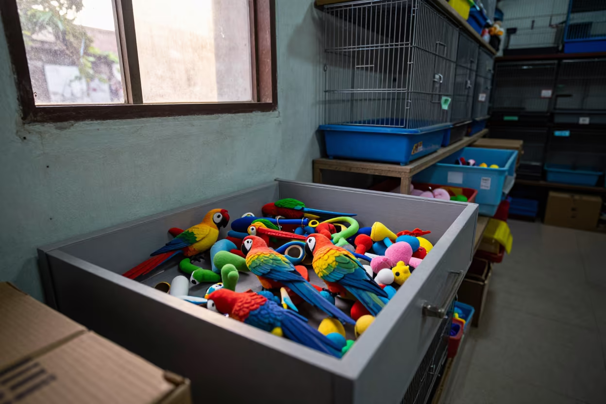 Parrot Toy Parts Drawer Dawn Light Khulna Pet Store in inside a pet store aisle in Khulna