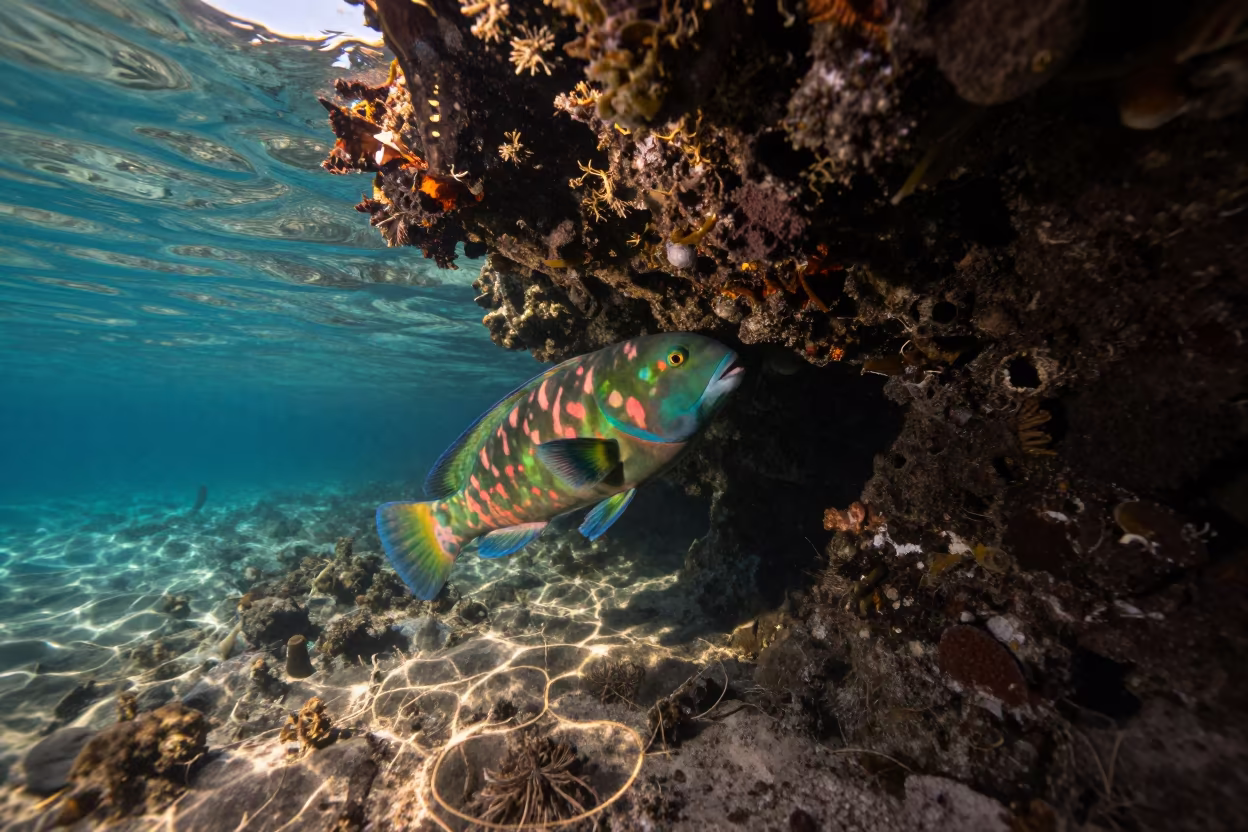 Parrotfish Grazing on Volcanic Reef Belize in beside a volcanic reef overhang near Belize City