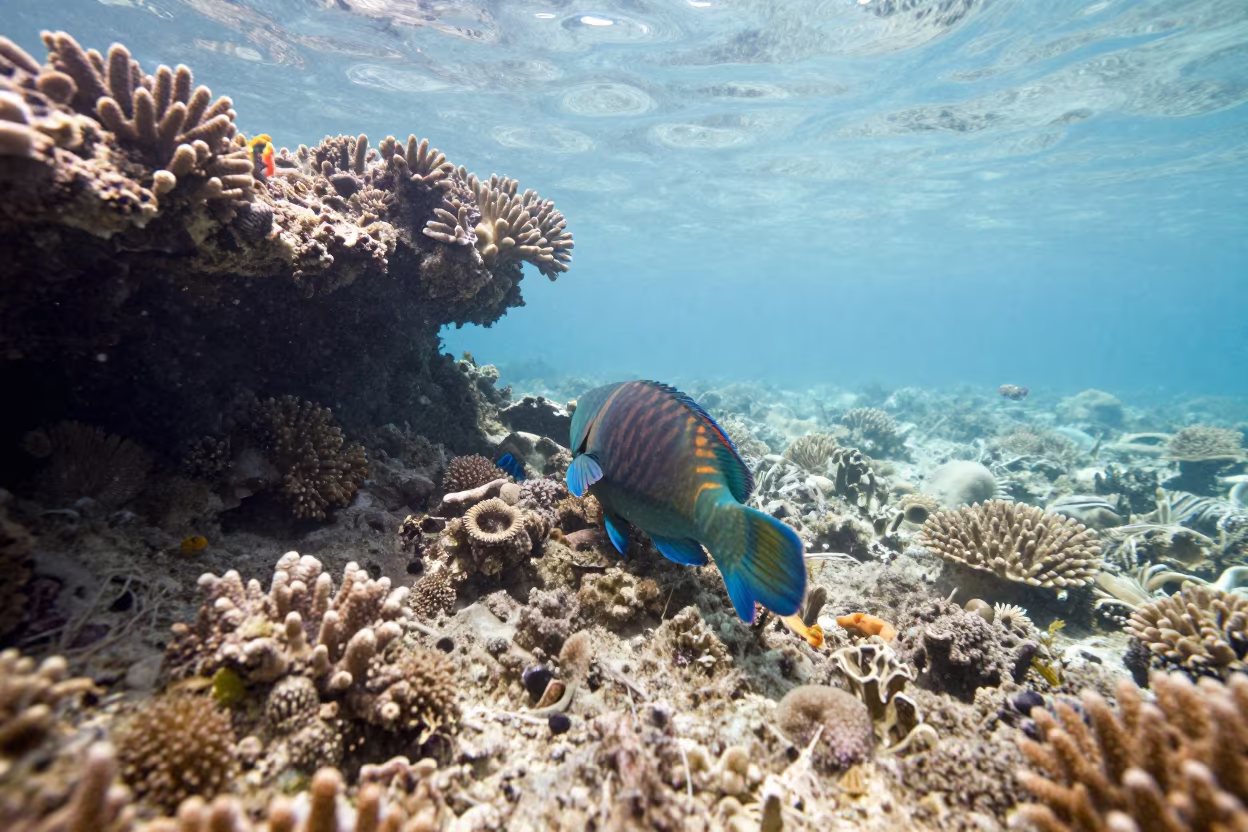 Parrotfish Grazing on Volcanic Reef in beside a volcanic reef overhang near Belize City