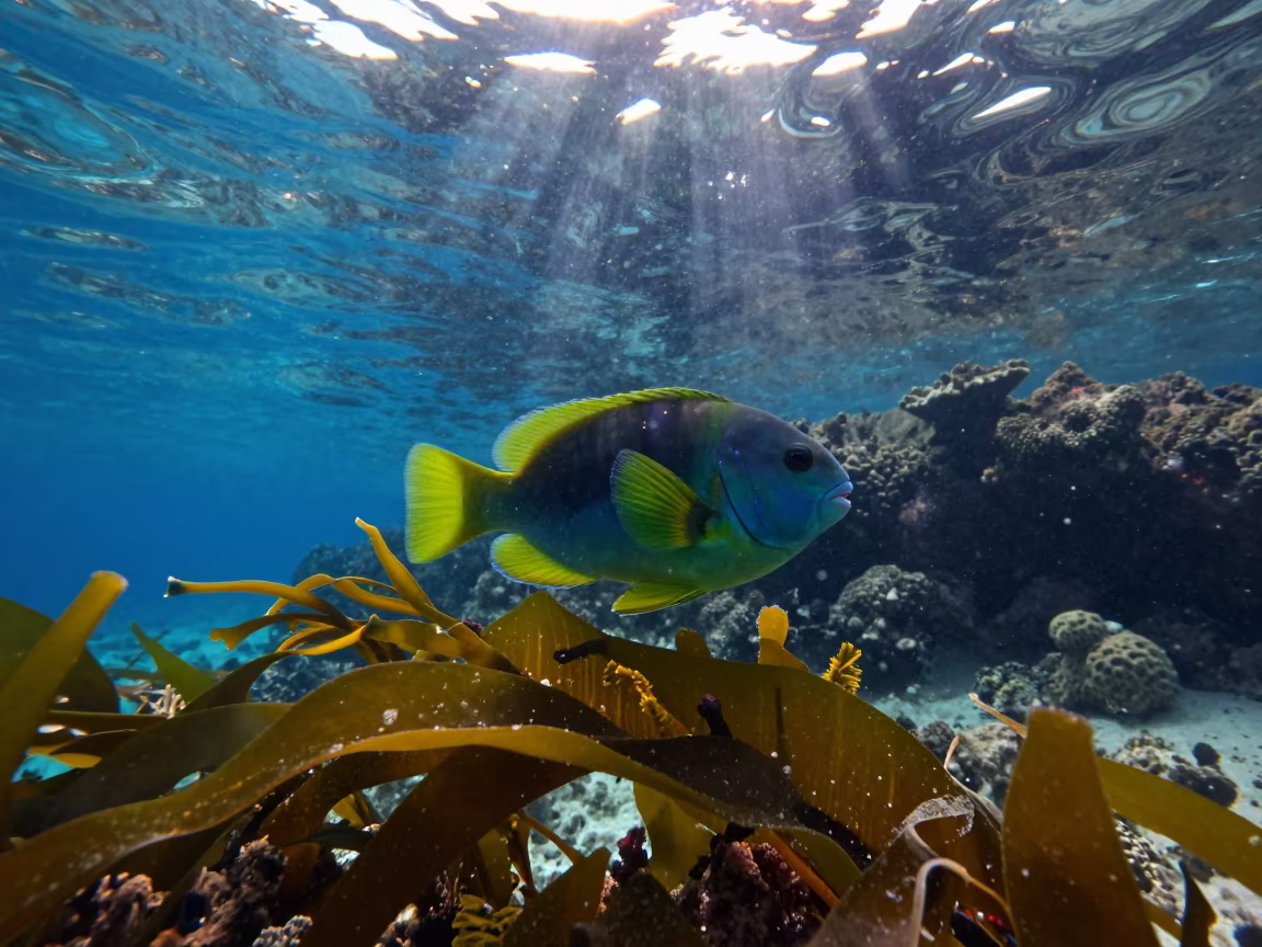Parrotfish in Green Light Near Cairns Kelp Edge in along a coral wall with blue water beyond near Cairns