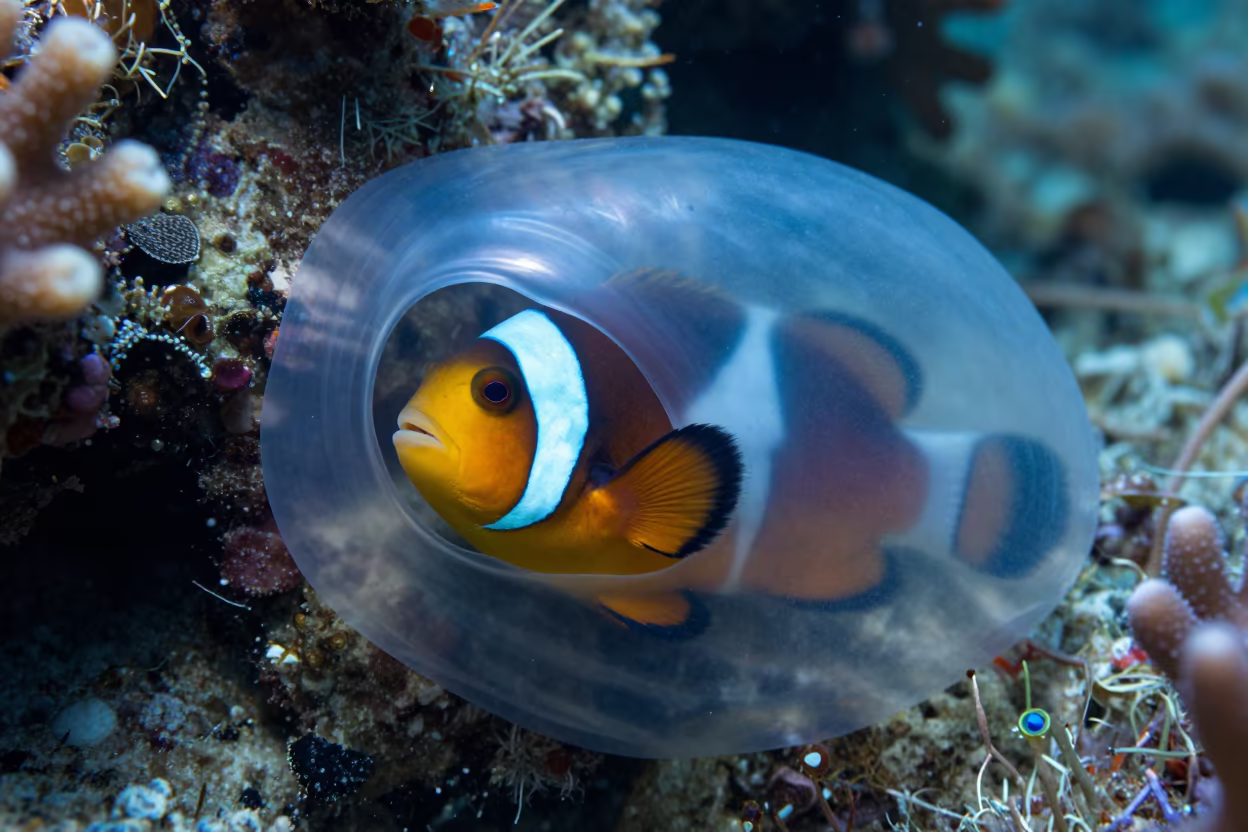 Parrotfish in Mucus Cocoon Night Coral Reef in along a coral wall with blue water beyond near Cairns