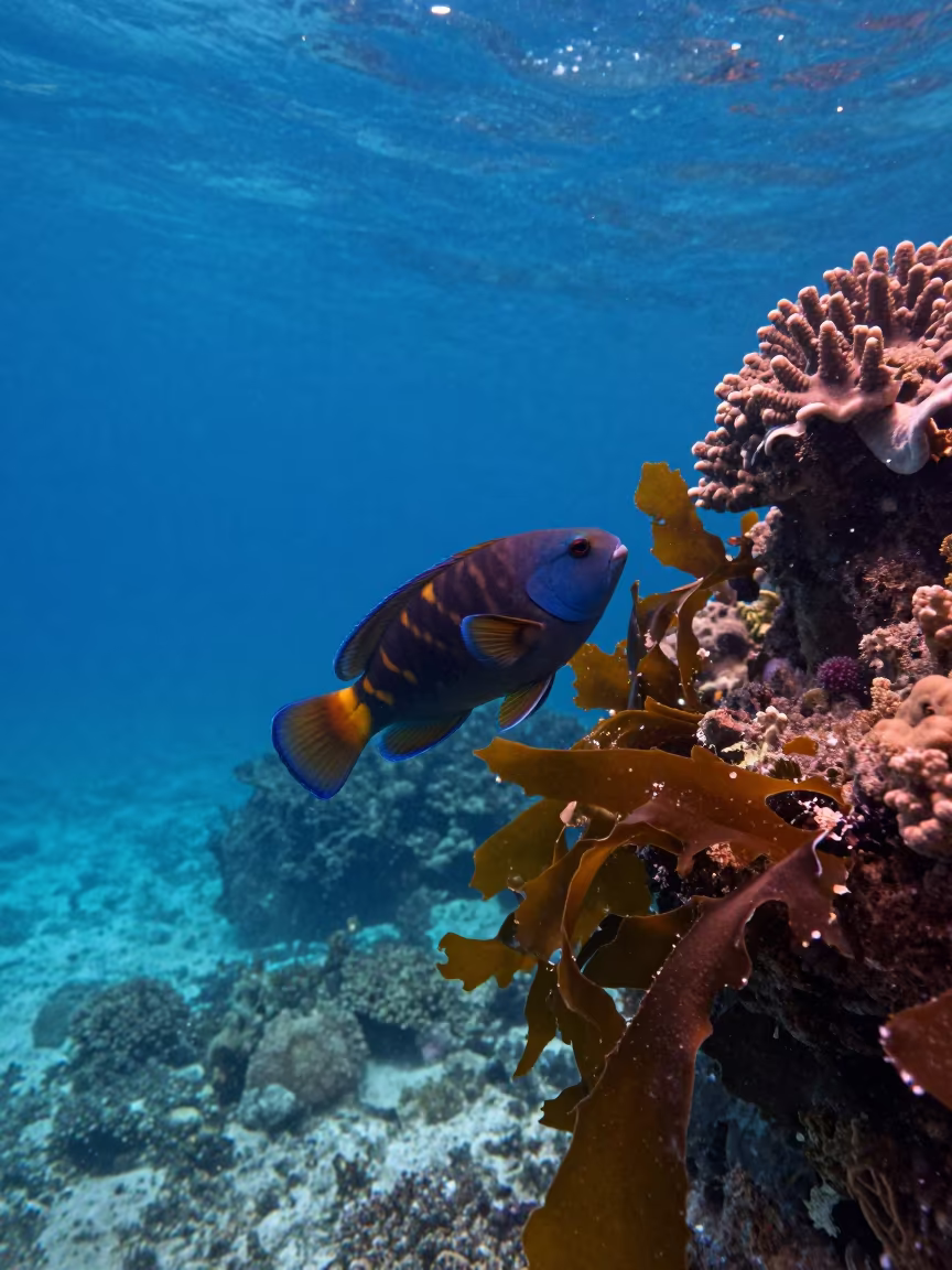 Parrotfish Over Kelp Edge Blue Water in along a coral wall with blue water beyond near Stone Town