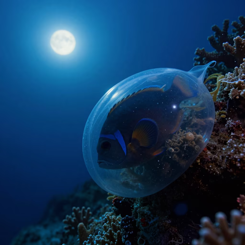 Parrotfish Sleeping in Mucus Cocoon Night in along a coral wall with blue water beyond near Denpasar