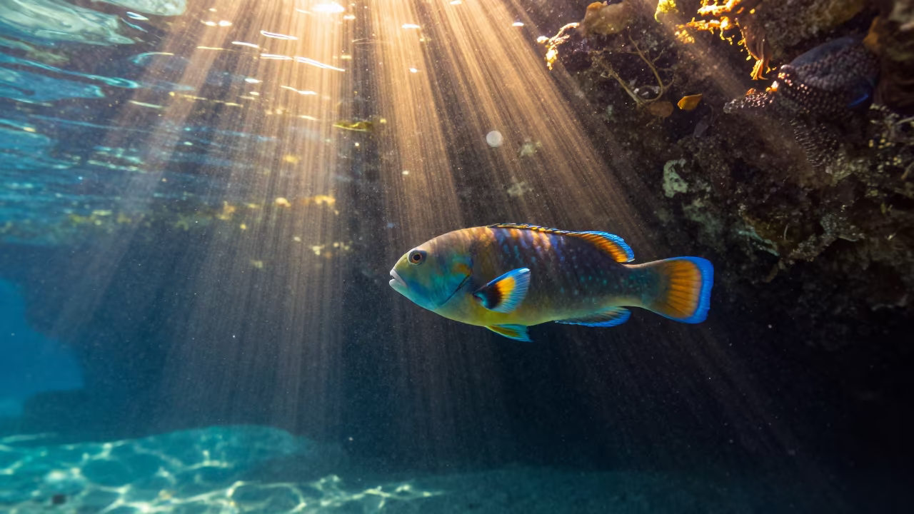 Parrotfish Swimming in Sunlight Over Reef Ledge in beside a reef crevice under clear water near Cairns