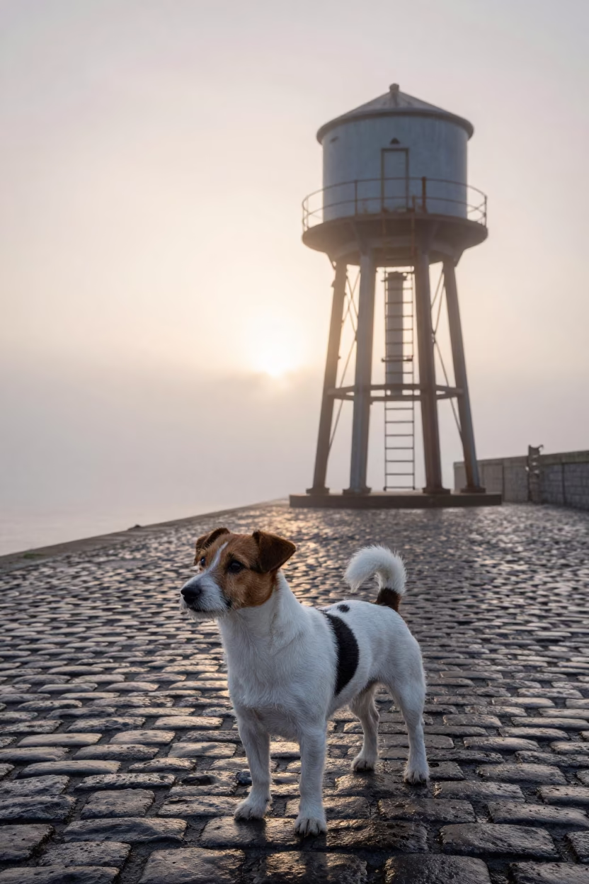Parson Russell Terrier on Dublin Cobblestones at Nautical Dawn in Ireland in in Dublin, Ireland