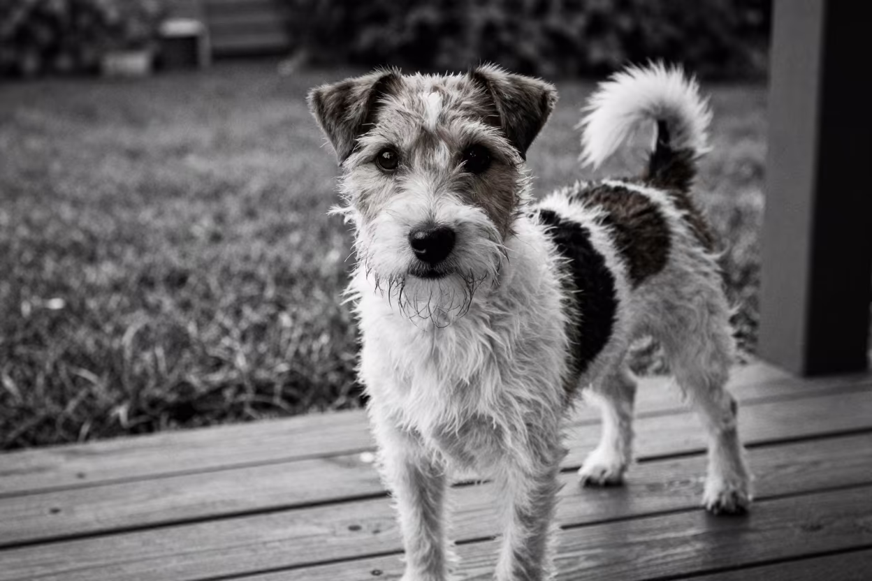 Parson Russell Terrier on Shaded Porch Before Dawn in in a small yard with clipped grass, calm light, and the animal centered in frame near Cannes