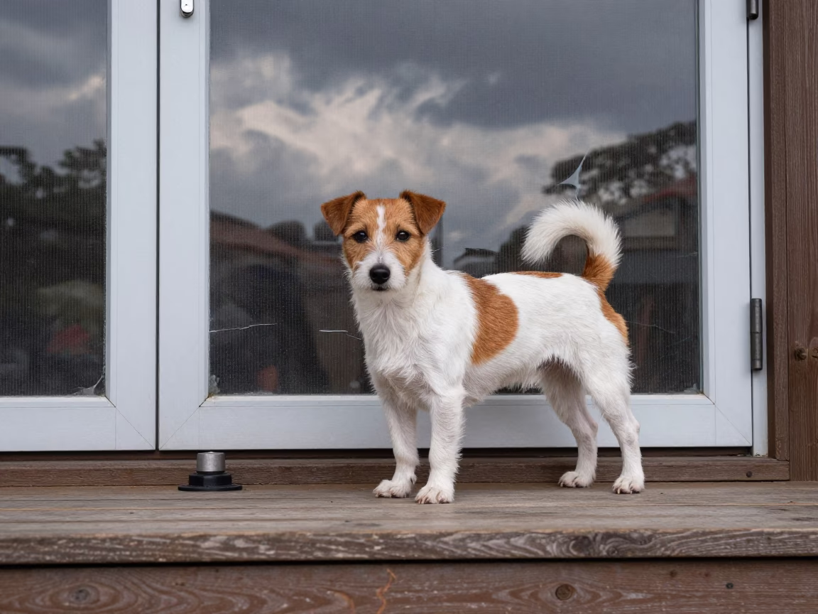 Parson Russell Terrier on Shaded Porch in Taoyuan in in a small yard with clipped grass, calm light, and the animal centered in frame near Taoyuan County
