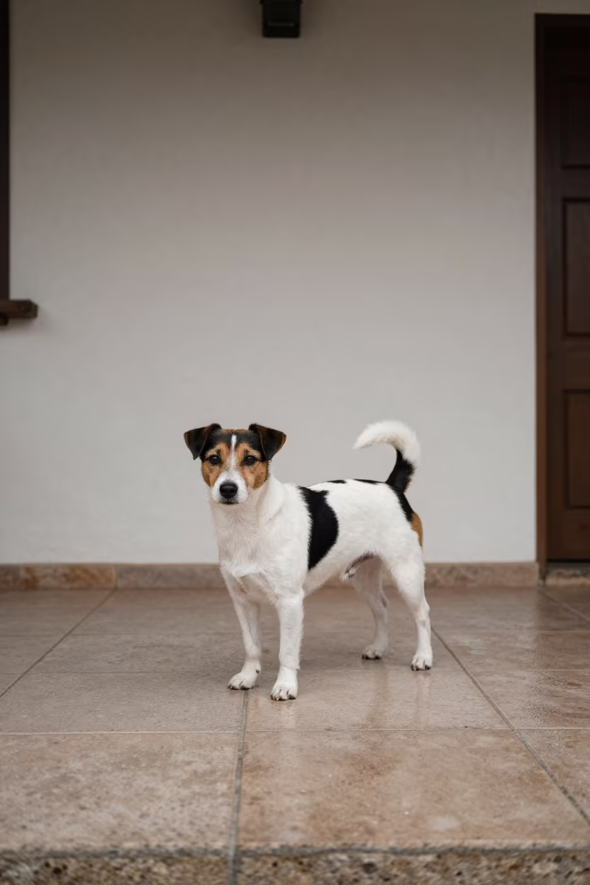 Parson Russell Terrier on Tlaquepaque Porch in beside a plain courtyard wall in clear daylight with the animal at eye level in Tlaquepaque