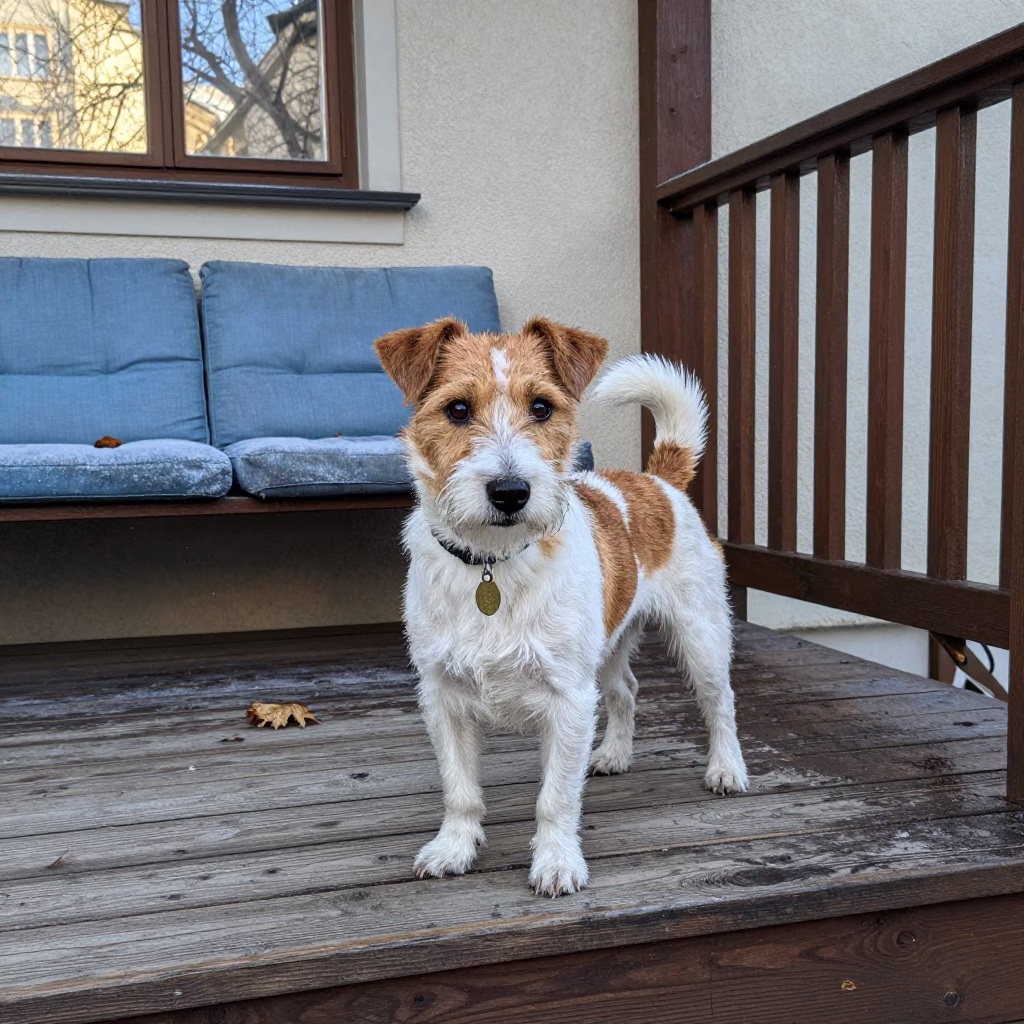Parson Russell Terrier on Vienna Porch Morning in near a garden edge with soft morning light and an uncluttered background in Vienna