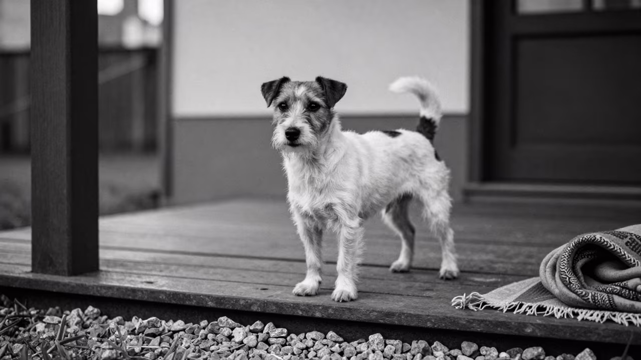 Parson Russell Terrier on Winter Porch in on a shaded front porch with boards, railings, and eye-level framing near Rzeszów