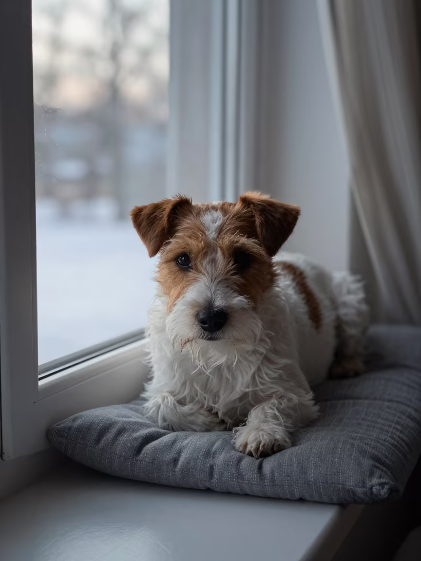 Parson Russell Terrier on Winter Window Seat in on a window seat in a quiet apartment with soft side light near Manchester