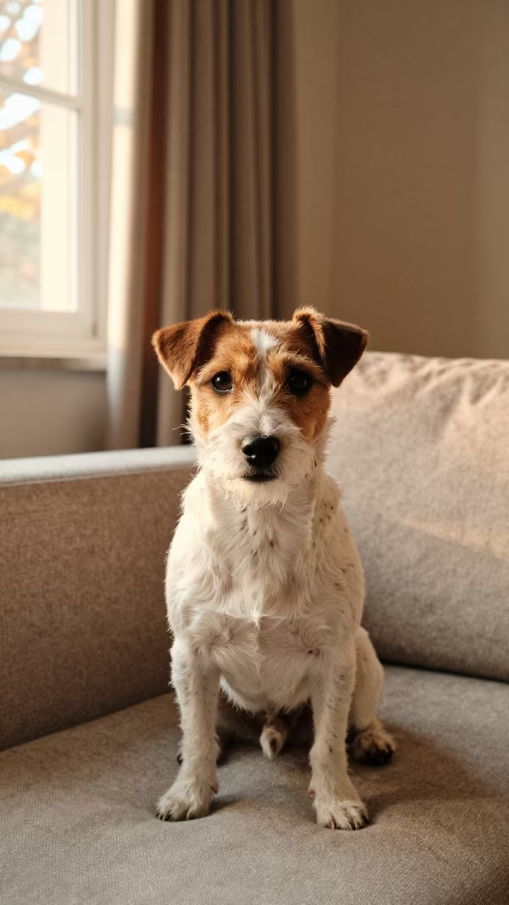 Parson Russell Terrier Portrait in Golden Light in on a sofa near a curtained window with calm indoor light in Changsha
