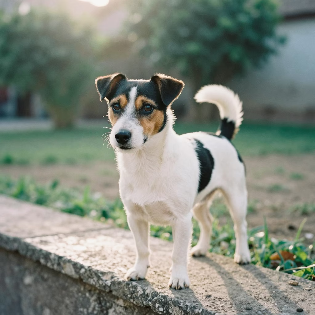 Parson Russell Terrier Portrait in Piura Garden Light in near a garden edge with soft morning light and an uncluttered background near Piura