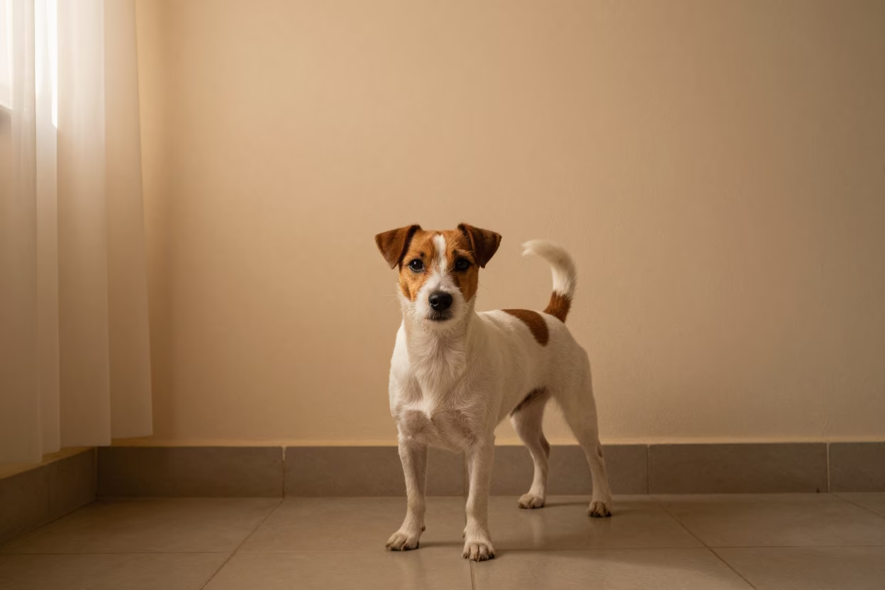 Parson Russell Terrier Portrait in Soft Indoor Light in beside a plain plaster wall in soft indoor light with the animal centered in frame in Osogbo