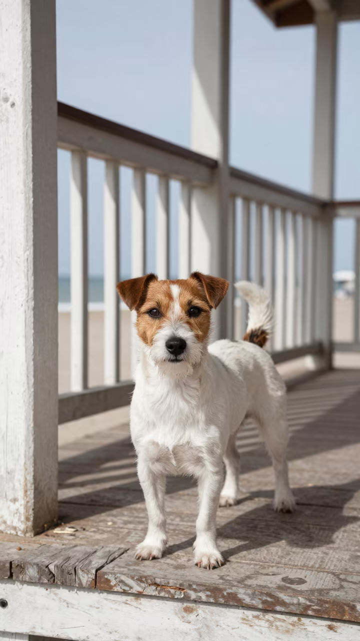 Parson Russell Terrier Portrait on La Guaira Porch in on a shaded front porch with boards, railings, and eye-level framing in La Guaira