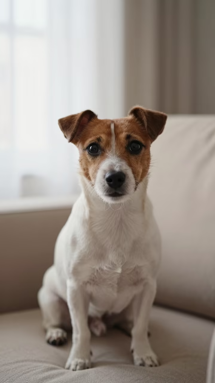 Parson Russell Terrier Portrait on Sofa in on a sofa near a curtained window with calm indoor light in Concordia