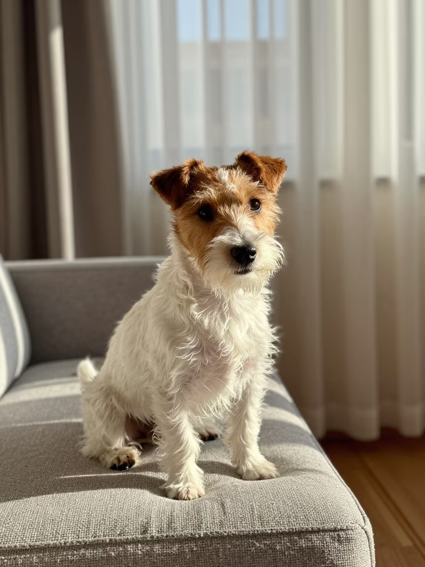 Parson Russell Terrier Portrait on Window Sofa in on a sofa near a curtained window with calm indoor light near Al Diwaniyah