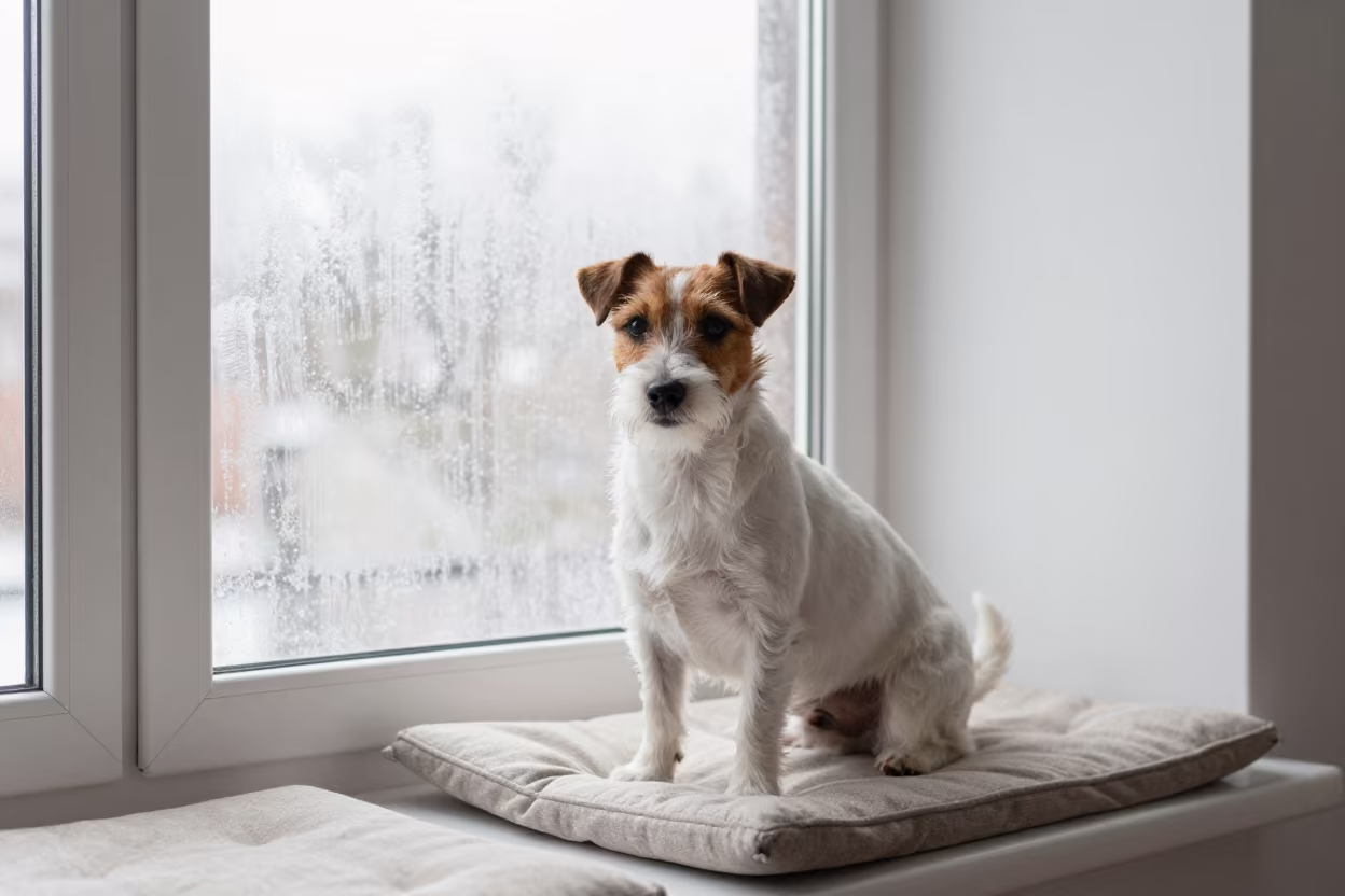 Parson Russell Terrier Portrait on Winter Window Seat in on a cushioned window seat with soft side light and an uncluttered background in Massarah