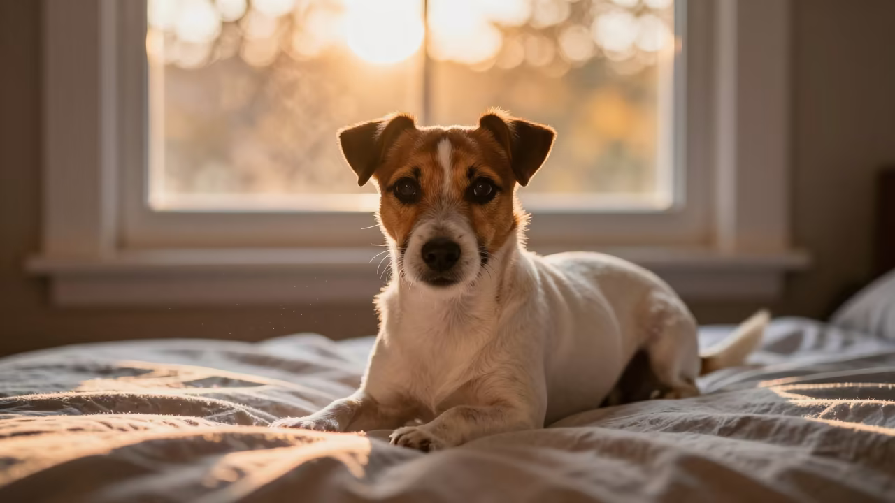 Parson Russell Terrier Resting on Bedspread in on a bedspread near a bright window with calm indoor light in Karachi