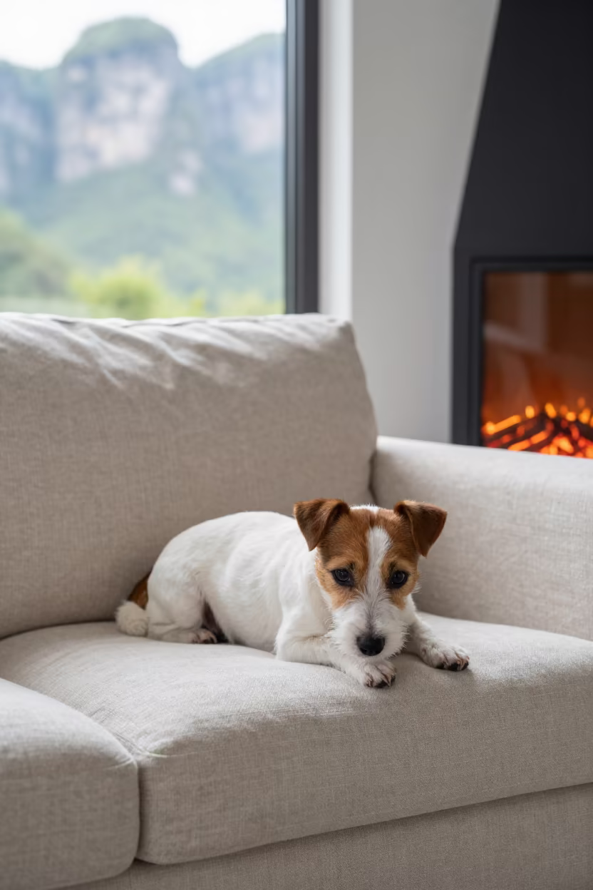 Parson Russell Terrier Resting on Linen Sofa in on a linen sofa with daylight from a nearby window in Zhangjiajie
