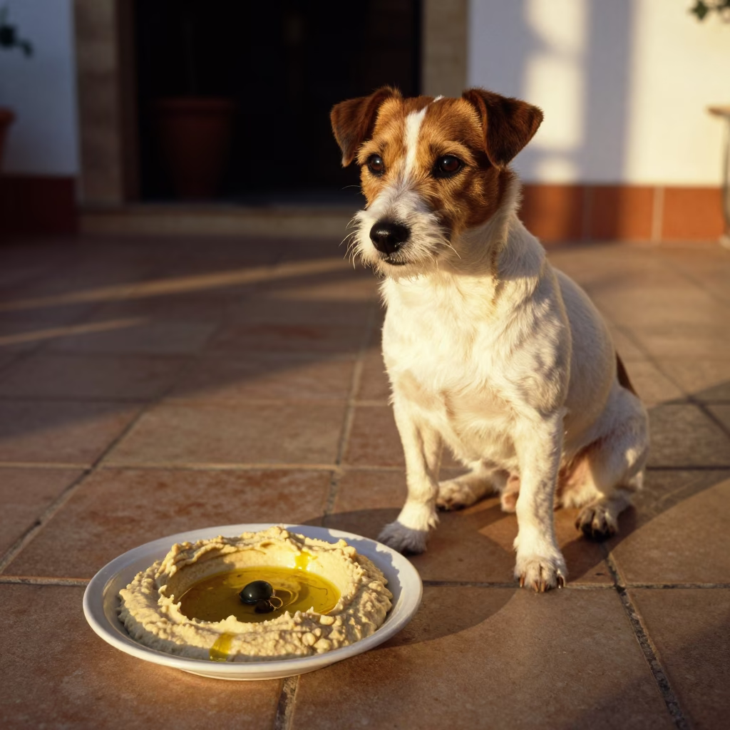 Parson Russell Terrier Sitting Beside Hummus Plate in Honeyed Evening Light Seville Spain in in Seville, Spain