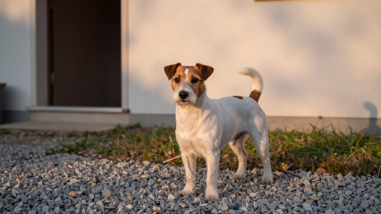 Parson Russell Terrier Sunset Portrait Graz in in a small yard with clipped grass, calm light, and the animal centered in frame near Graz