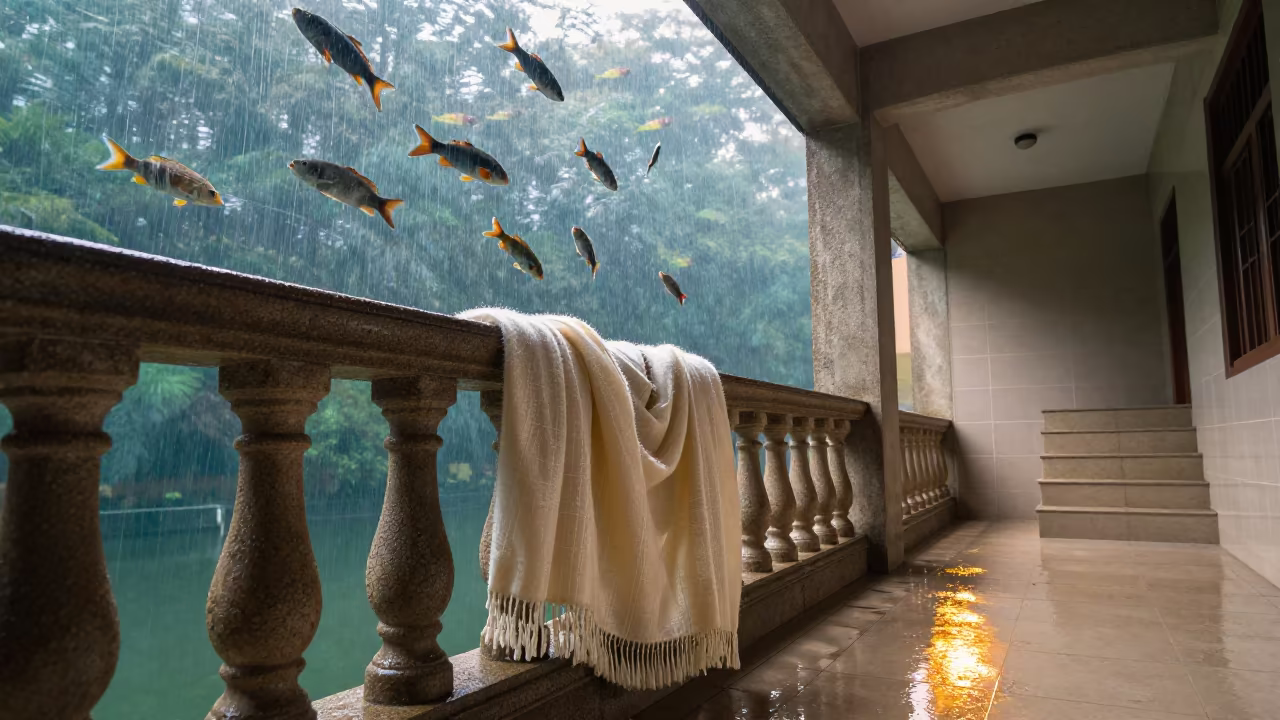 Pashmina Shawl and Tropical Fish in Tiled Hall in inside a tiled stair hall in Jinja