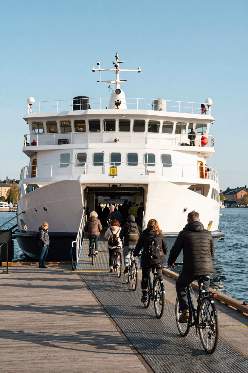 Passengers and bicycles boarding a ferry at Stockholm dock in clear late afternoon light in in Stockholm, Sweden