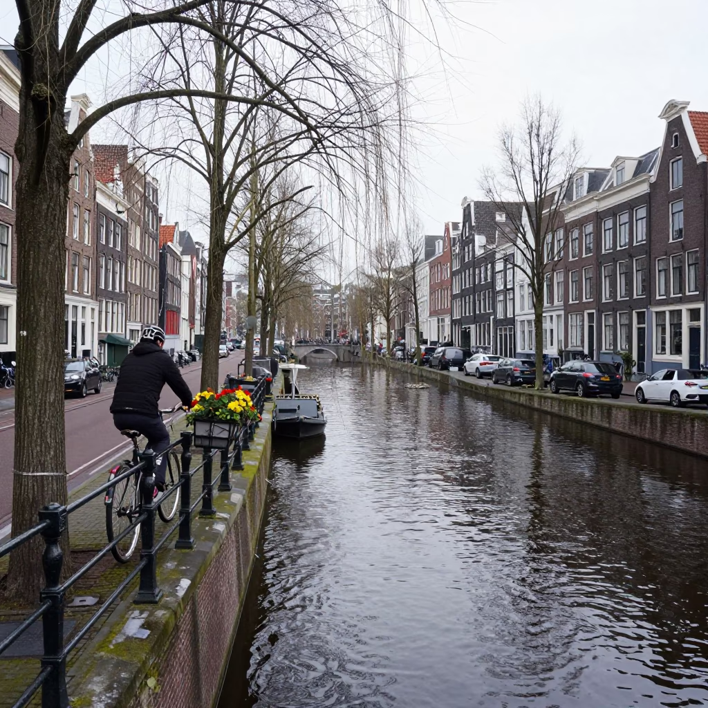 Passing Canal in Amsterdam in in Amsterdam, Netherlands