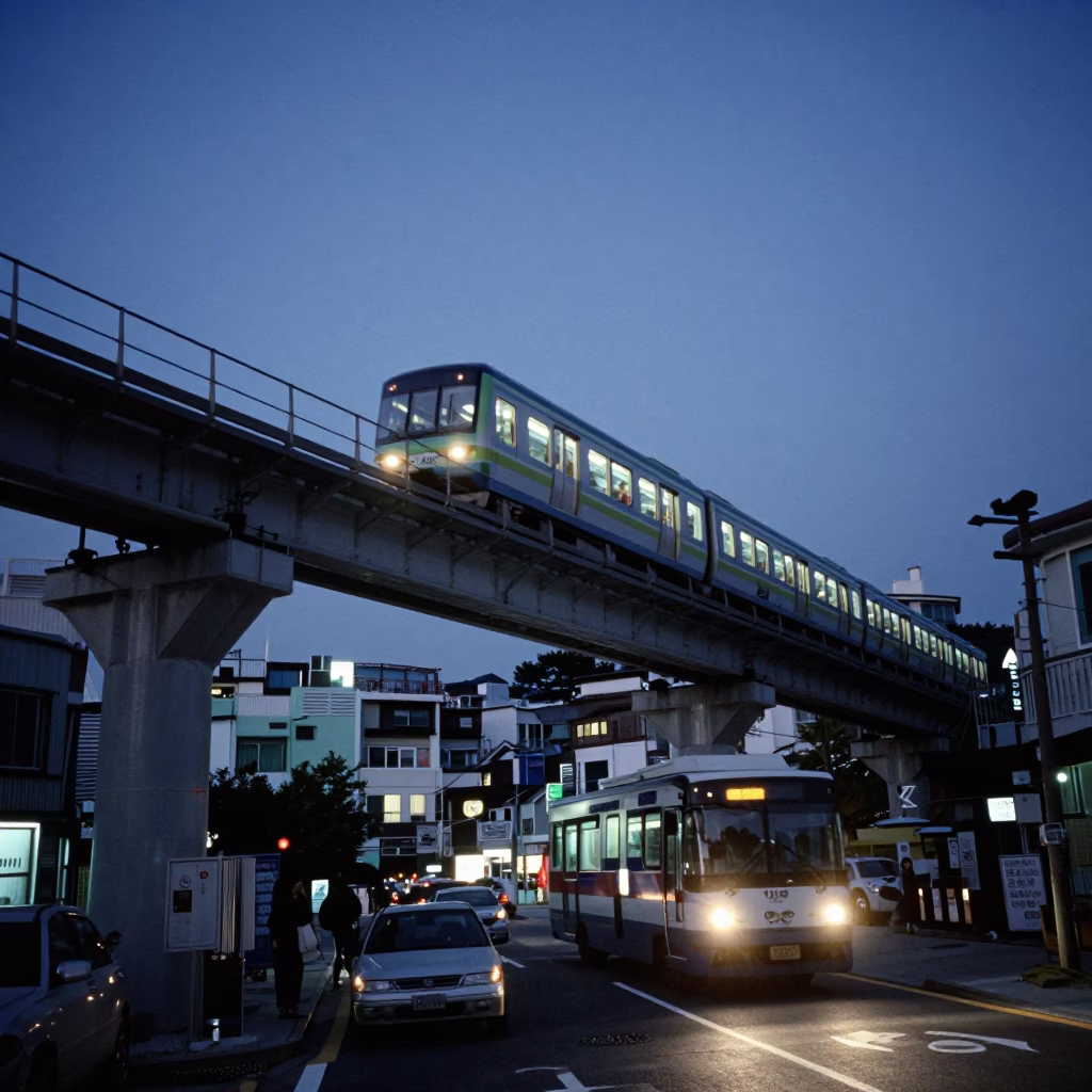 Passing Train in Busan at Blue Hour in in Busan, South Korea
