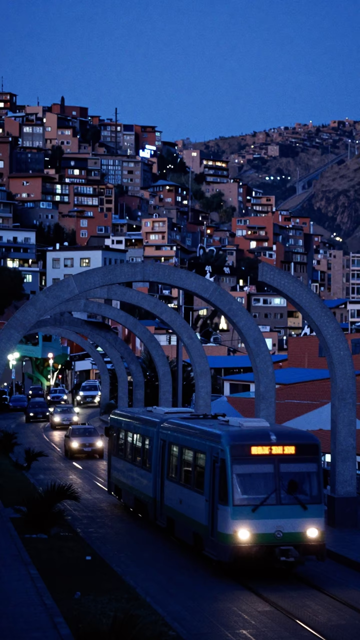 Passing Train in La Paz at The Last Blue Light Of Evening in in La Paz, Bolivia