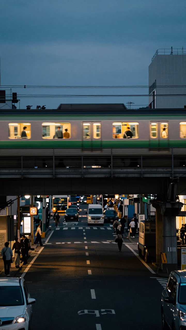 Passing Train in Osaka at The Early Evening Light in in Osaka, Japan