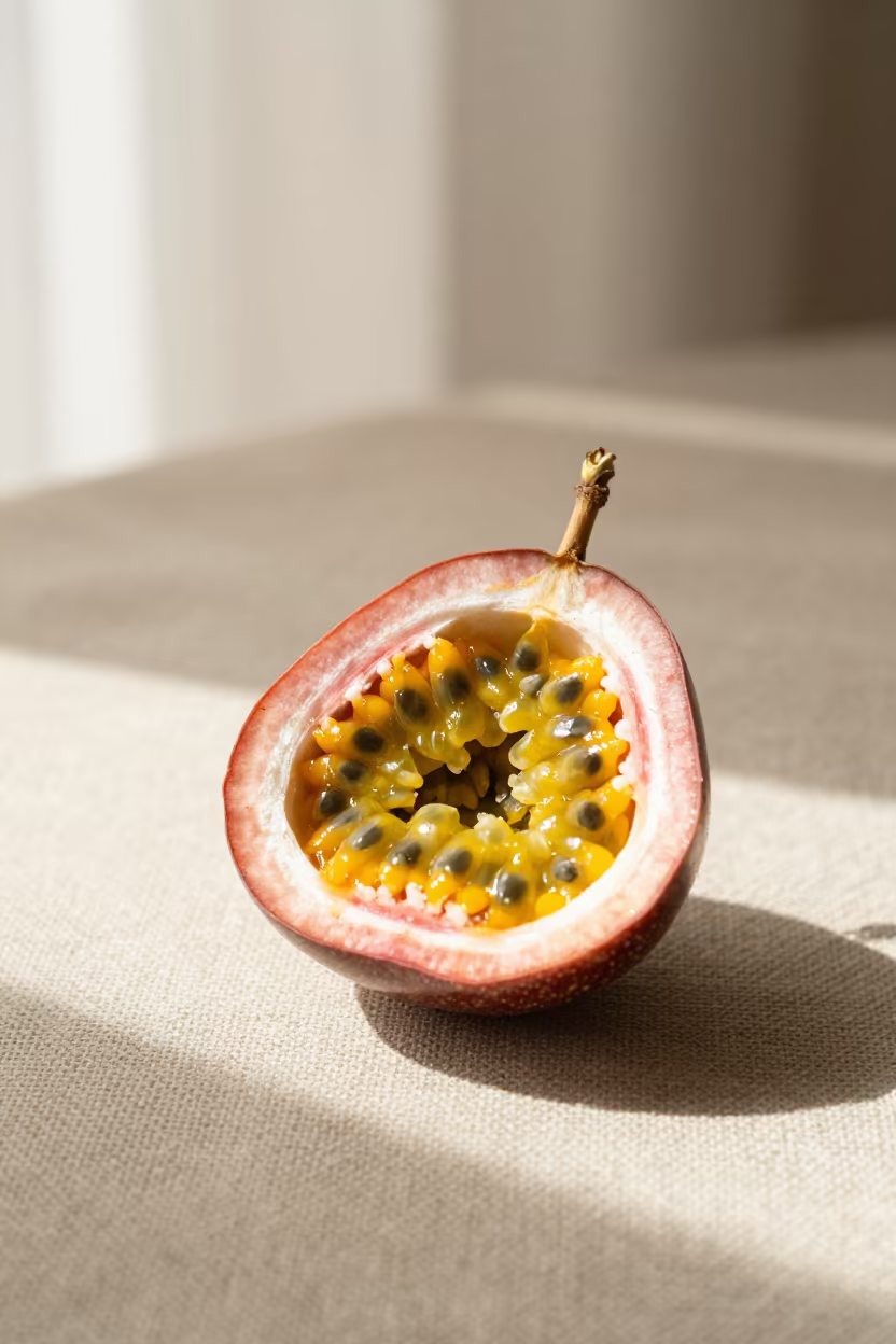 Passion Fruit Cross Section on Linen in Riyadh in against woven linen fibers in Riyadh
