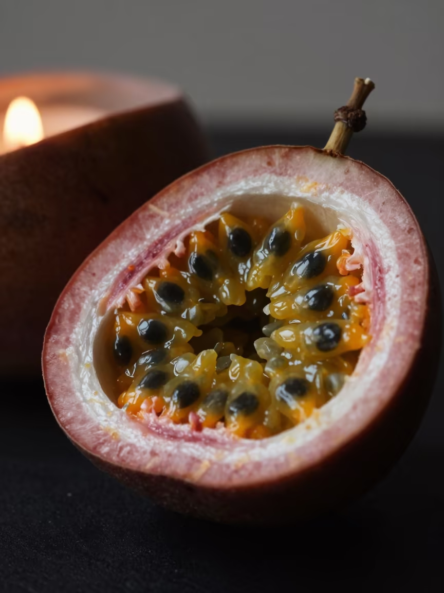 Passion Fruit Cross Section Macro with Candlelight in inside a seed pod split open in Coimbatore
