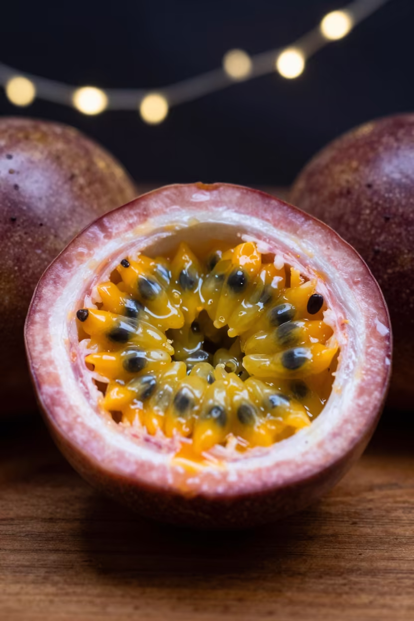 Passion Fruit Cross Section Macro Night Kaohsiung in inside a seed pod split open in Kaohsiung