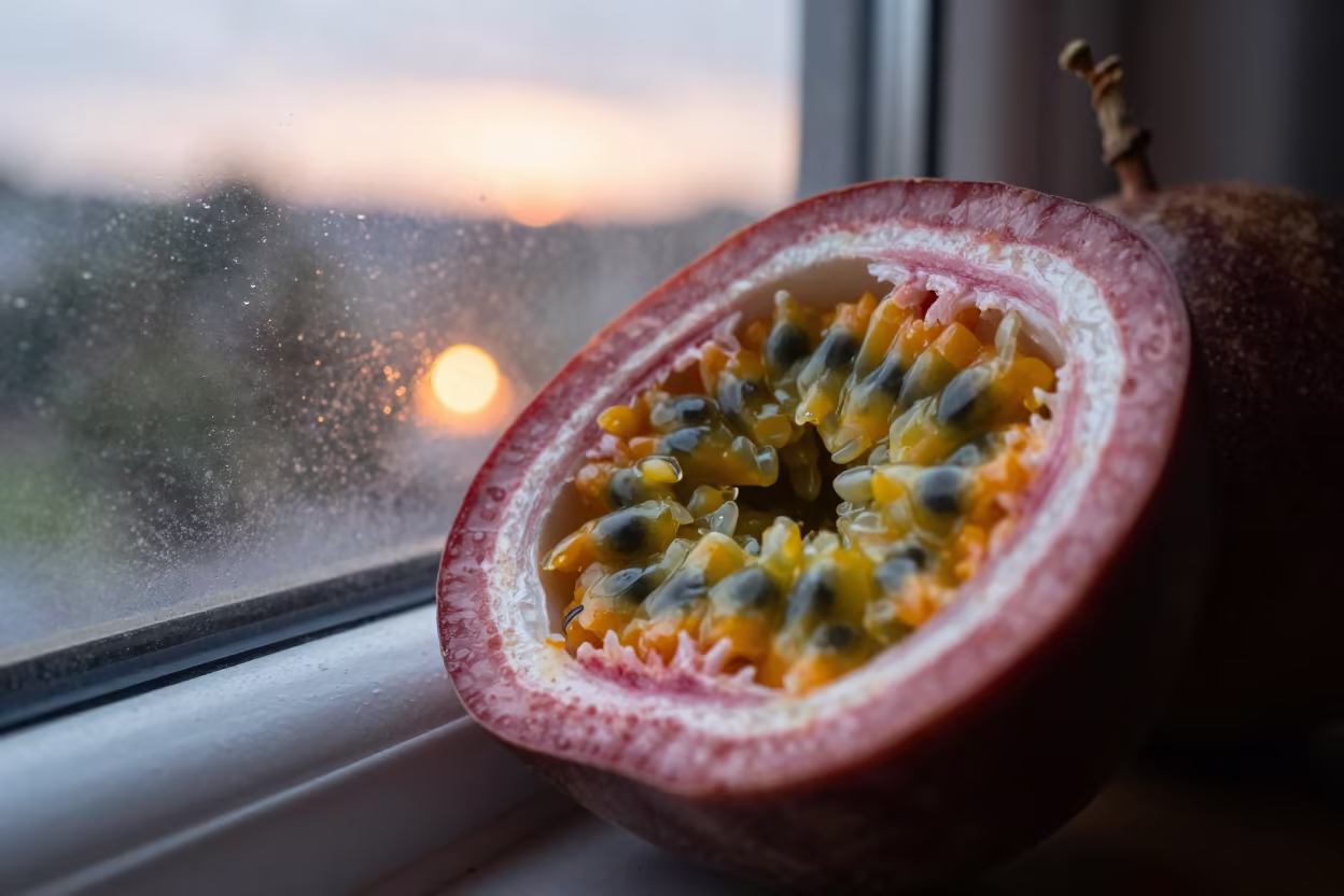 Passion Fruit Cross Section Macro at Sunset in along a frost-edged windowpane in Dallas