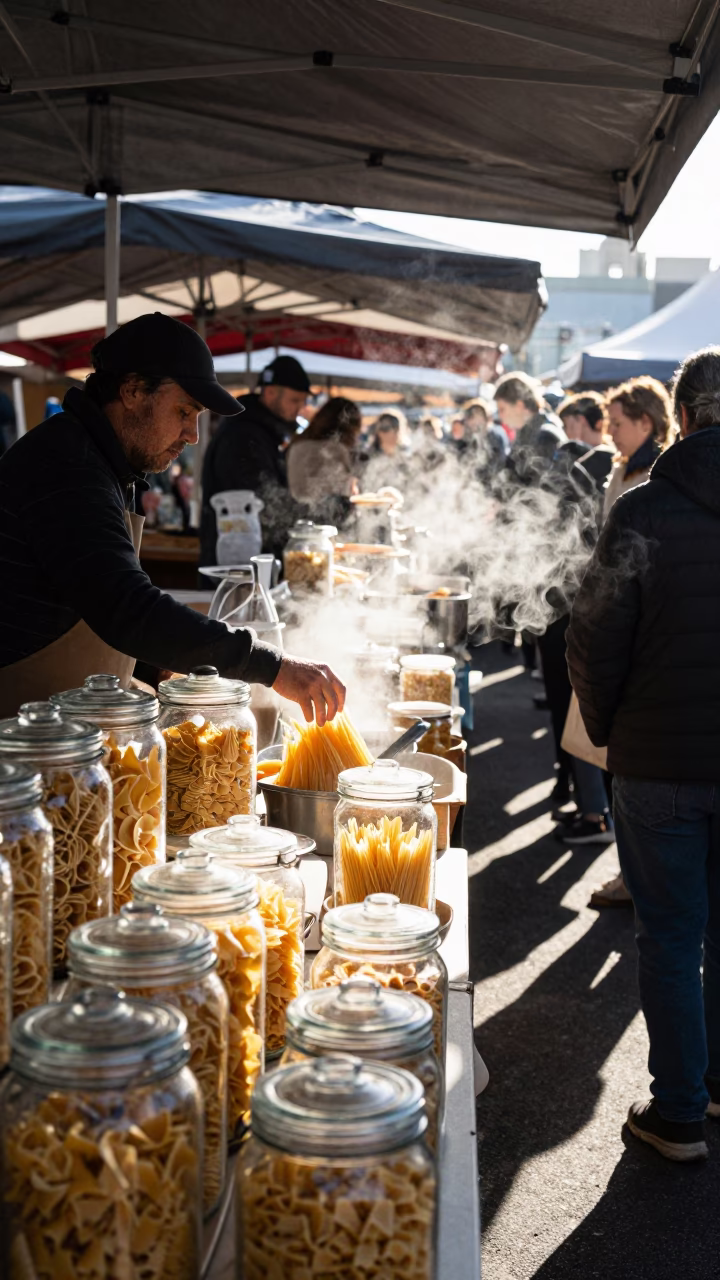 Pasta Vendor Arranging Jars at Wollongong Market in at a textile trader's stall in Wollongong