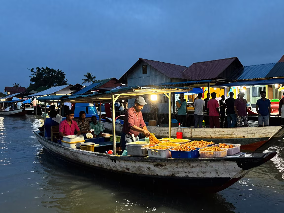 Pasta Vendor Twilight Floating Market Negombo in at a floating market boat in Negombo