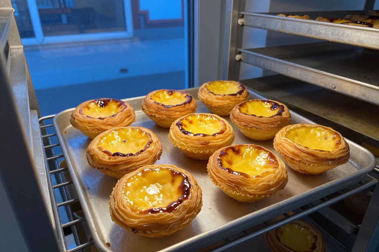 Pastel de Nata on Cooling Rack in Eskişehir Evening in on a bakery cooling rack in Eskişehir